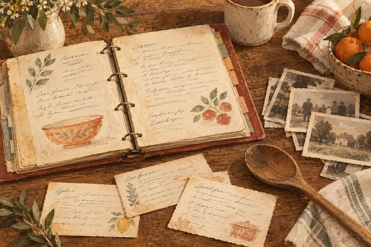 Illustration of a recipe binder, handwritten cards, family photographs, and a wooden spoon.