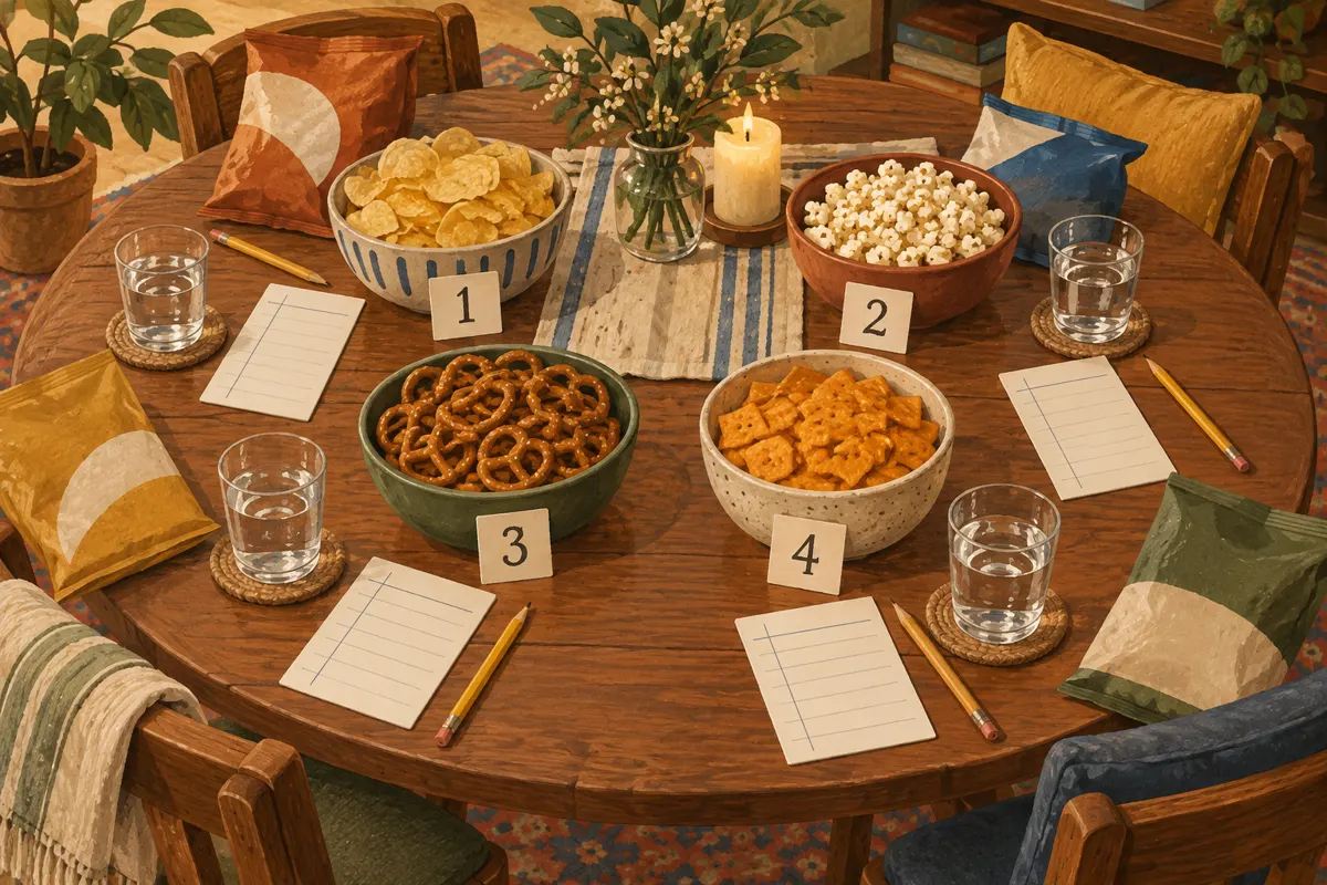 Illustration of snack bowls, blank scorecards, pencils, and water glasses arranged for a blind snack tasting.
