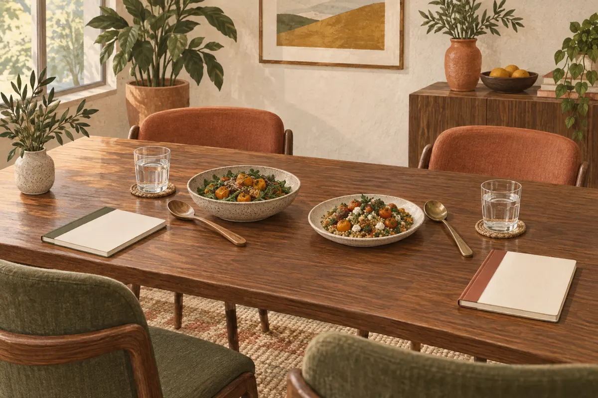Illustration of a lunch-and-learn table prepared with small food samples, water, and notebooks.