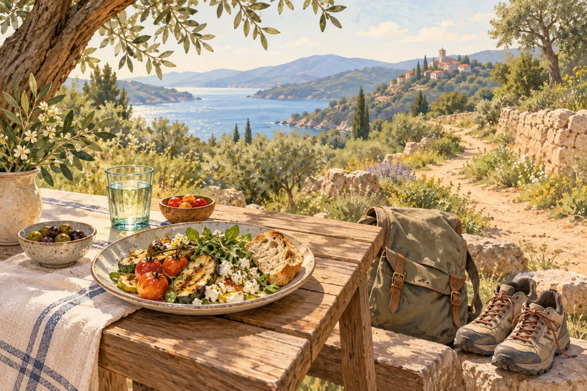 Illustration of a meal, small day bag, and leafy walking path representing a relaxed food-focused day trip.