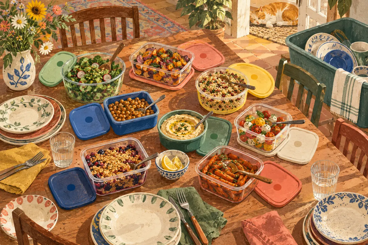 Illustrated potluck setup with reusable food containers, matching lids, washable place settings, and a dish-return tub.