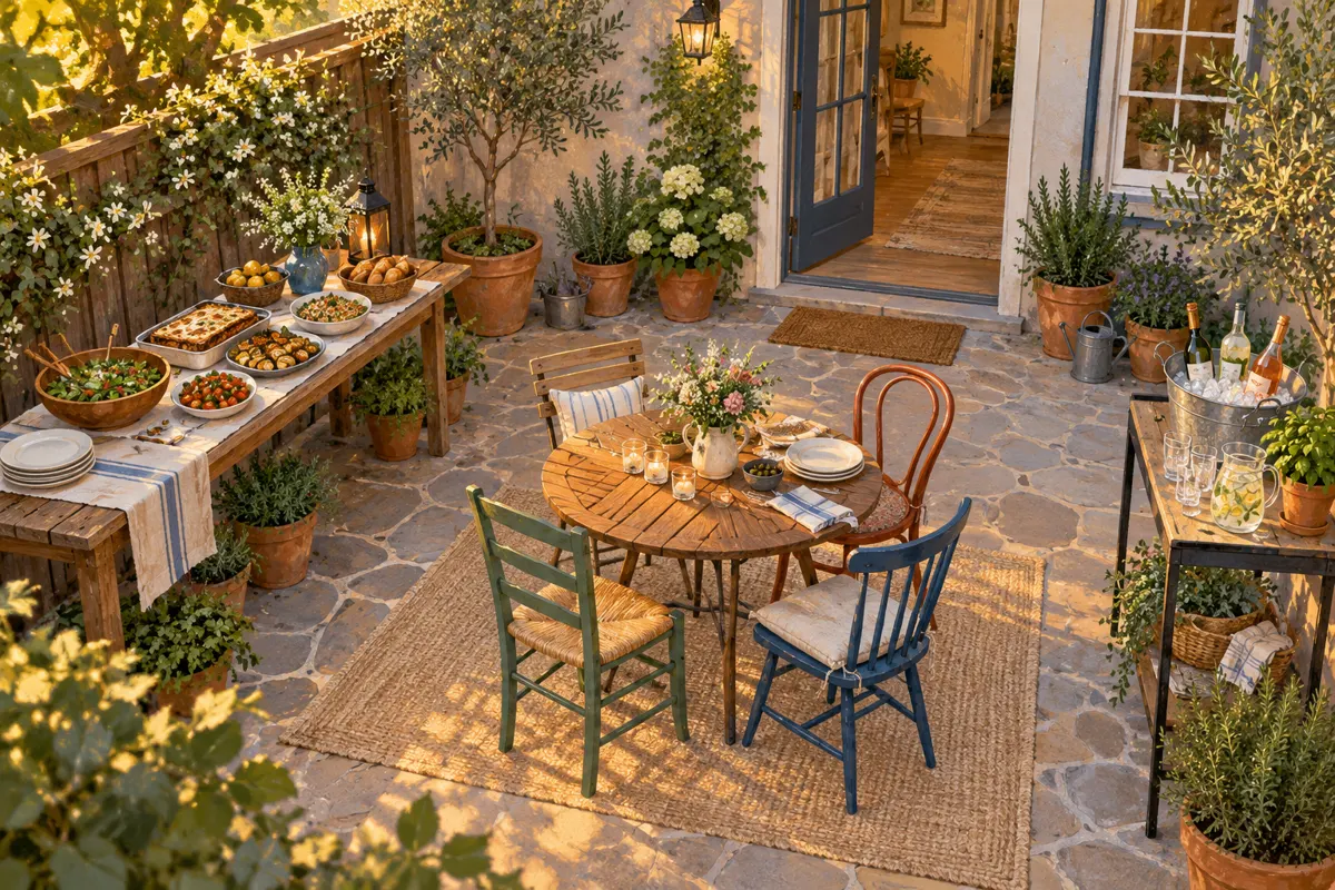 Illustrated small patio arranged with separate serving, seating, and drinks areas and a clear walking route.