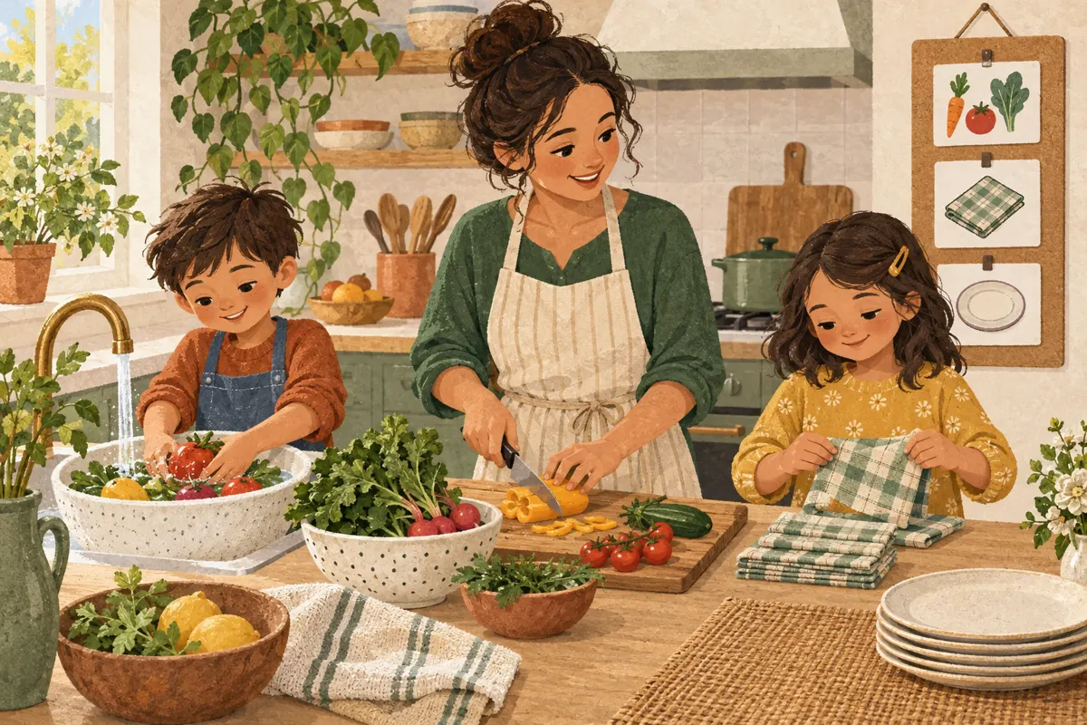 Illustration of a family sharing produce washing and table preparation beside a picture task board.