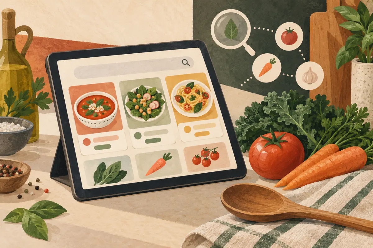 Illustration of a digital recipe collection on a tablet beside vegetables and a cooking spoon.